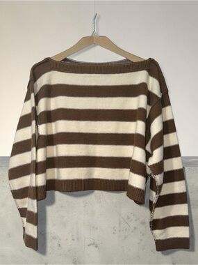 J.O.A. Striped Cropped Oversized Sweater in Brown & White Size Small Like New